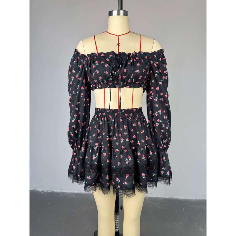 

Western Style Lace Edge Print Tube Top Shirts Skirt sets Printed Top and Skirt Set Black S