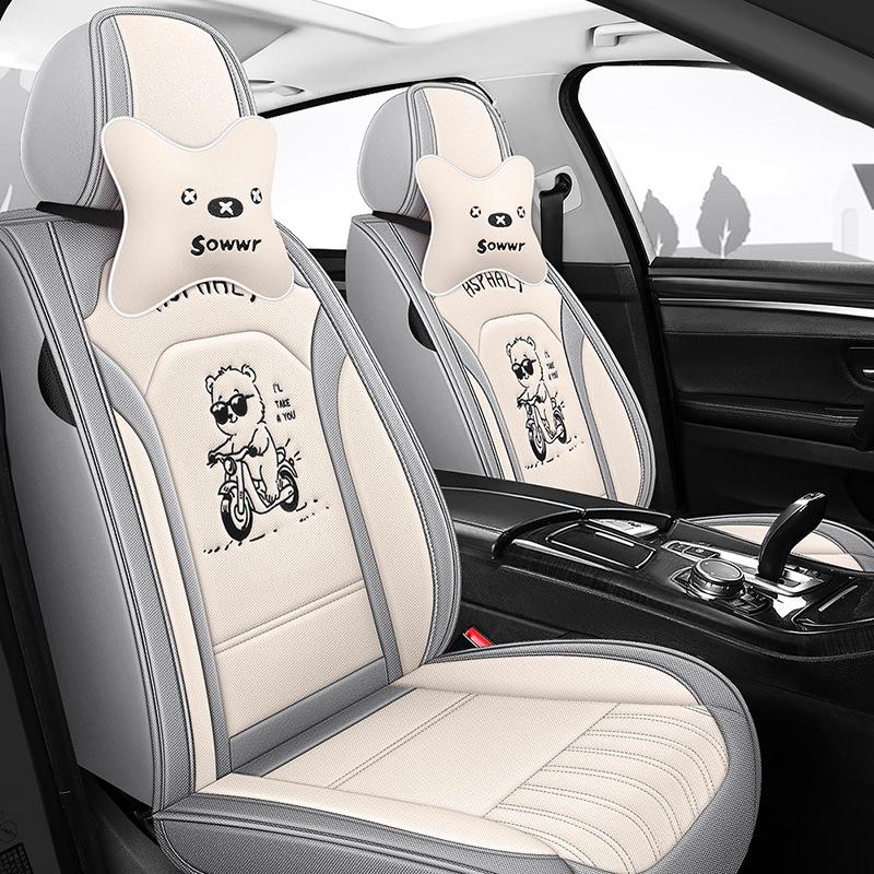 All-Season Linen Car Seat Cover - Breathable, Full Coverage with Cute Cartoon Design for Autumn/Winter