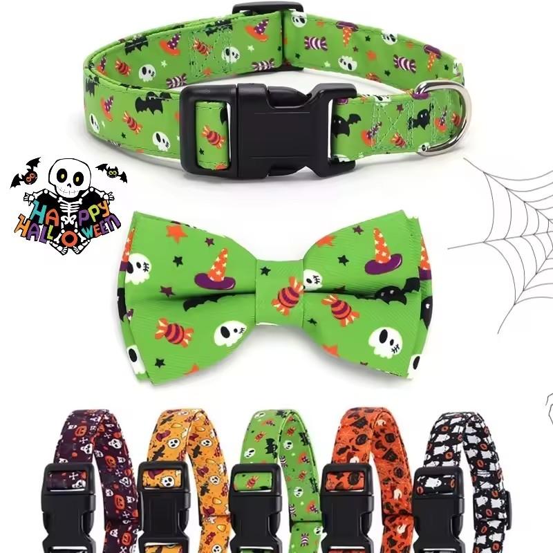 Halloween Dog Collar Puppy Bowtie Collar Adjustable Dog Collar for Small To Large Dogs Pumpkin Bat Ghost Pattern Pet Accessories