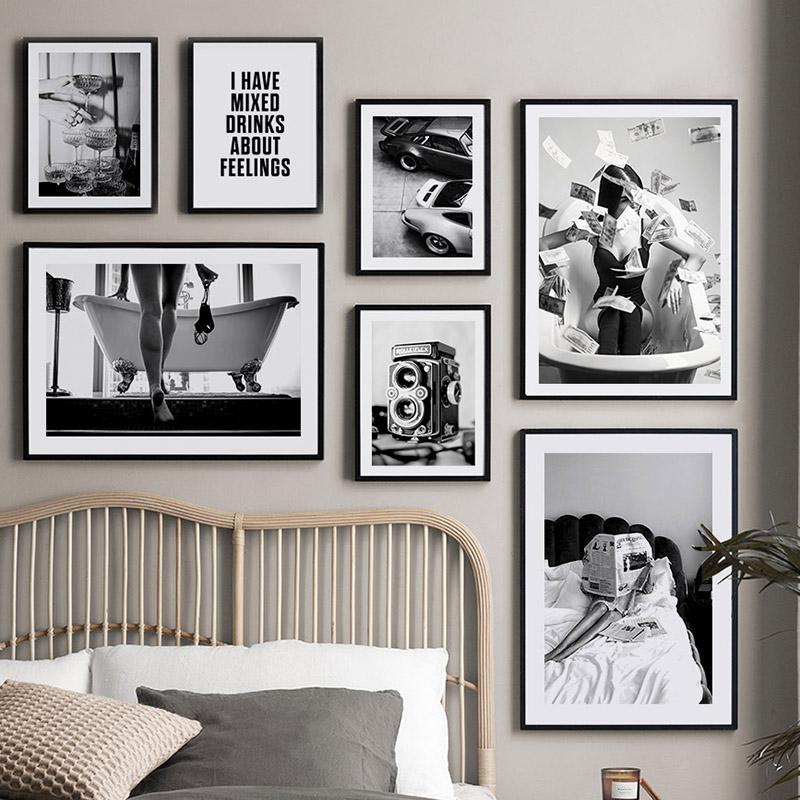 Black White Women Bathtub Camera Wall Art Canvas Painting Vintage Nordic Posters And Prints Pictures For Living Room Home Decor