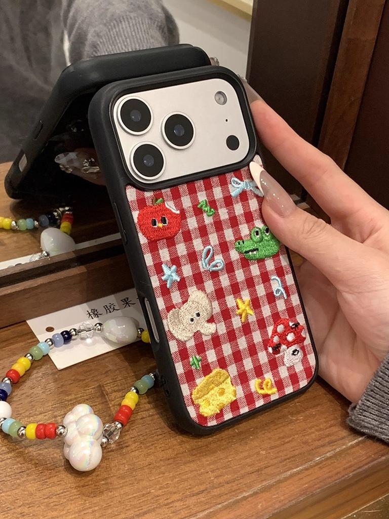Cute Animals Embroidery Red Grid Pattern Lattice phone Case For iPhone 17promax 17pro 16 15 14 Pro Max Lovely Anti-fall Cover