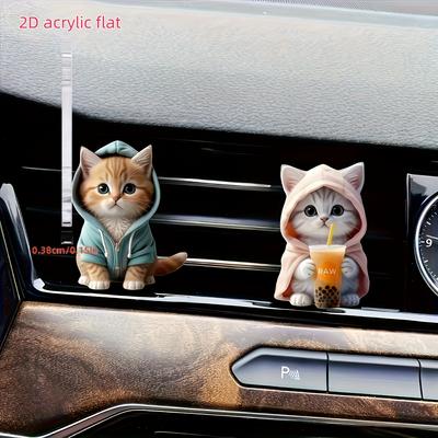 Ambientador de Coche Acrílico Plano 2D 2pcs Lindo Gato - Fragancia Duradera Clip de Ventilación Difusor de Aromaterapia y Decoración, Aporta un Fresco y Fragante