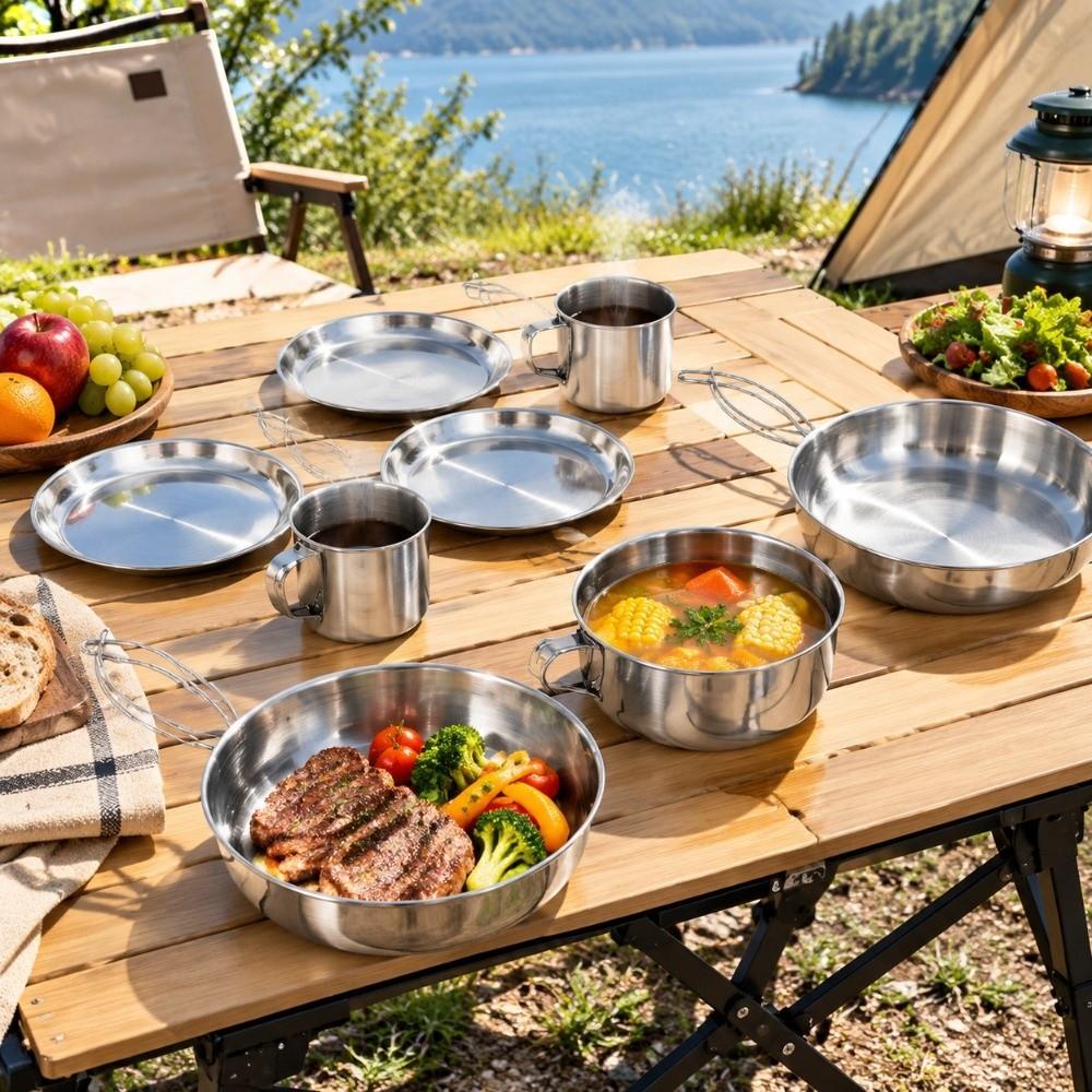 8 Pcs Stackable Cookware Set Stainless Steel Backpacking Cooking Pot Camping Mess Kit Outdoor
