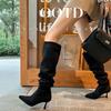 Boots Women's Thick Legs Slim Heel Boots But Knee Folded Pointed Pile Boots European and American Elastic Boots High Heel Medium Boots