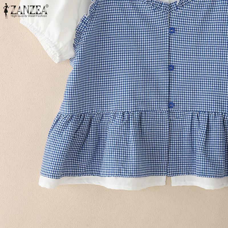 ZANZEA Women Summer Round Neck Plaid Print Patchwork Short Sleeve Blouse