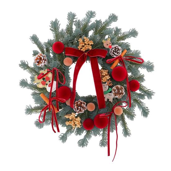 Handmade Wreath for Balcony Christmas Artificial Garland with Pinecones Cinnamon And Red Bows, Decorative Hanging Front Door Pendants Winter
