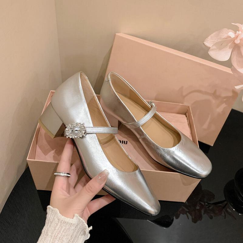 New fashion medium heel single shoes women's round head solid color casual soft sole large size shoes non-slip beef tendon sole four seasons small
