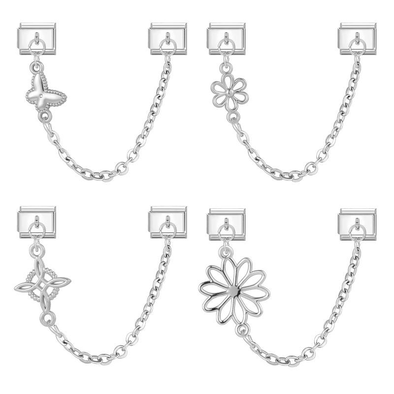 Vintage Butterfly Flowers Star Moon Chain Tassel Italian Charm Link Fit 9mm Stainless Steel Bracelet Women Men DIY Making Gift