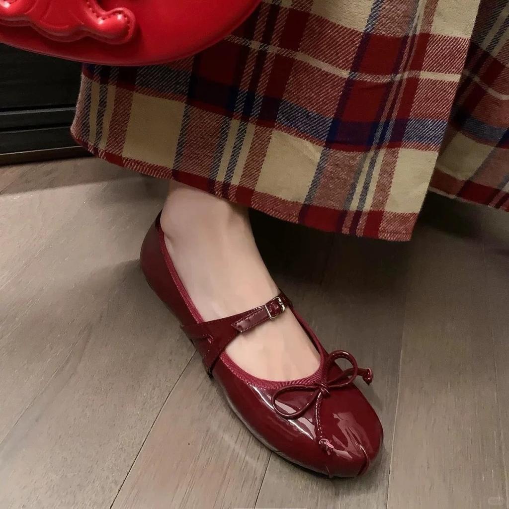 Fairy Wind~ Small Man Inner Height Increase 5cm Red Mary Jane Shoes Women's Bow Word with Light Mouth Ballet Shoes