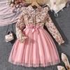 Girls' Big Kid Floral Lapel Mesh Princess Dress - Autumn 2025 Edition