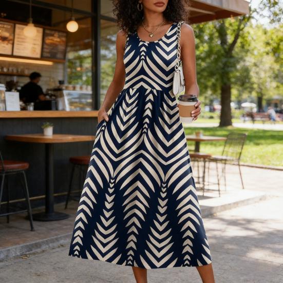 Women's Summer Dress Topiary Print Sleeveless Crewneck Swing Dress Casual Beach Vacation Flowy A-line Sundress