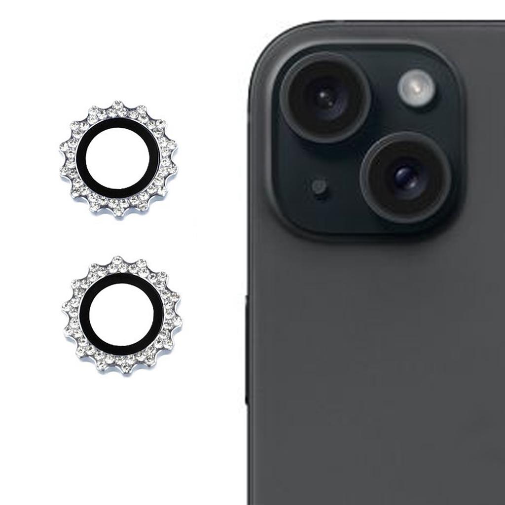 1Set For iPhone 15/15 Plus Camera Lens Protector Gear Shape Rhinestone Decor Tempered Glass Lens Film