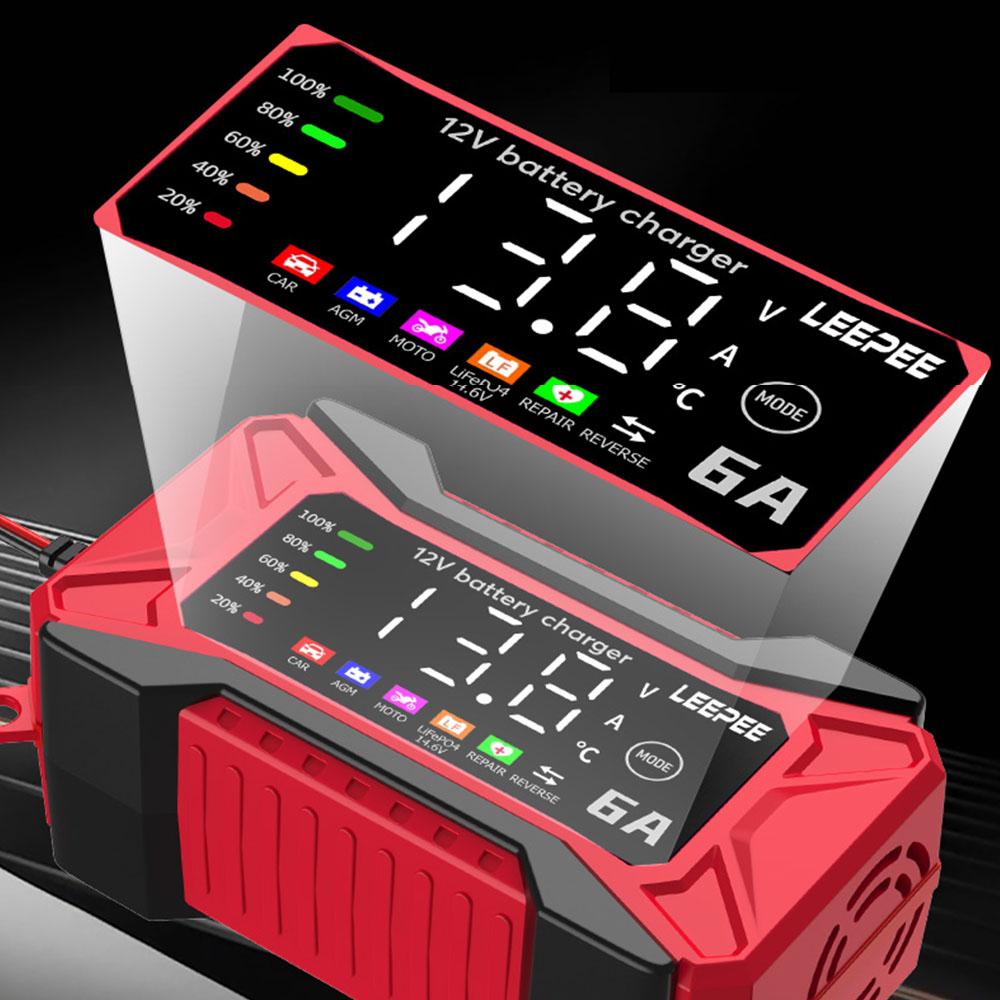 Digital LCD Display 2025 Car Battery Charger Voltage Temperature Detection 12V 6A Intelligent Pulse Repair SUV Motorcycle Truck Overvoltage Protection