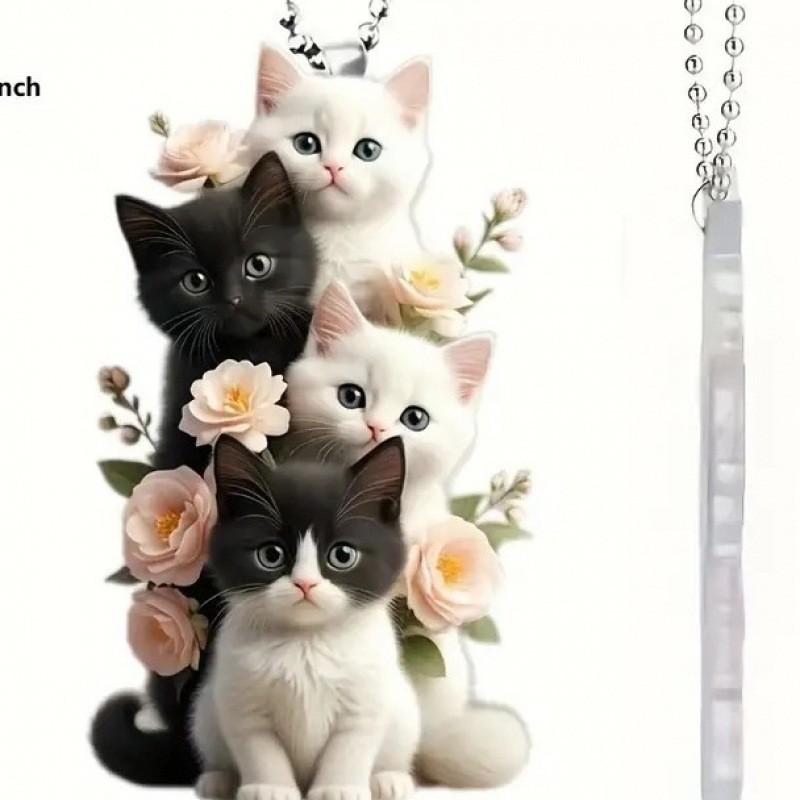 Charming 2d Acrylic Cream Cat Hanging Ornament For Car Rearview Mirror Decor