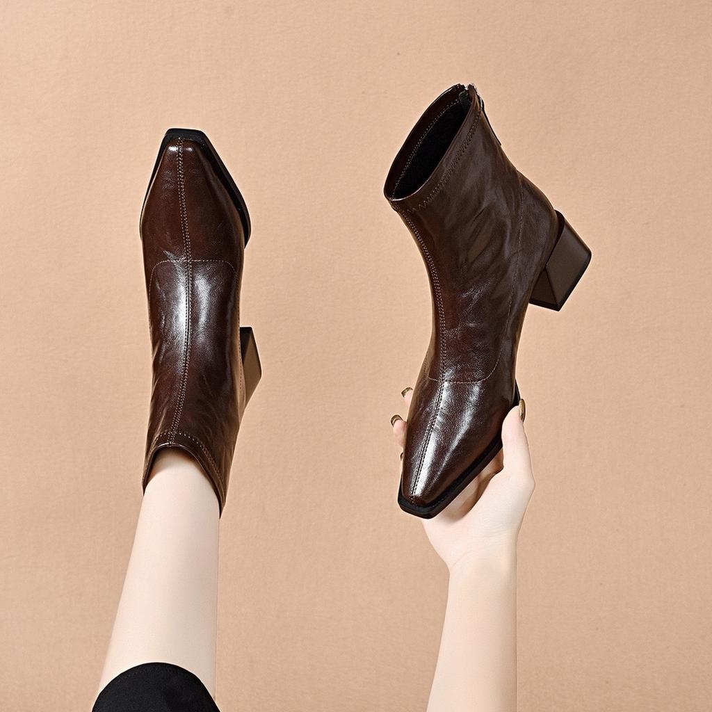 Pointed Short Boots Straight Boots Women's Simple Temperament Rear Zipper Leather Boots High Heel Chelsea Boots