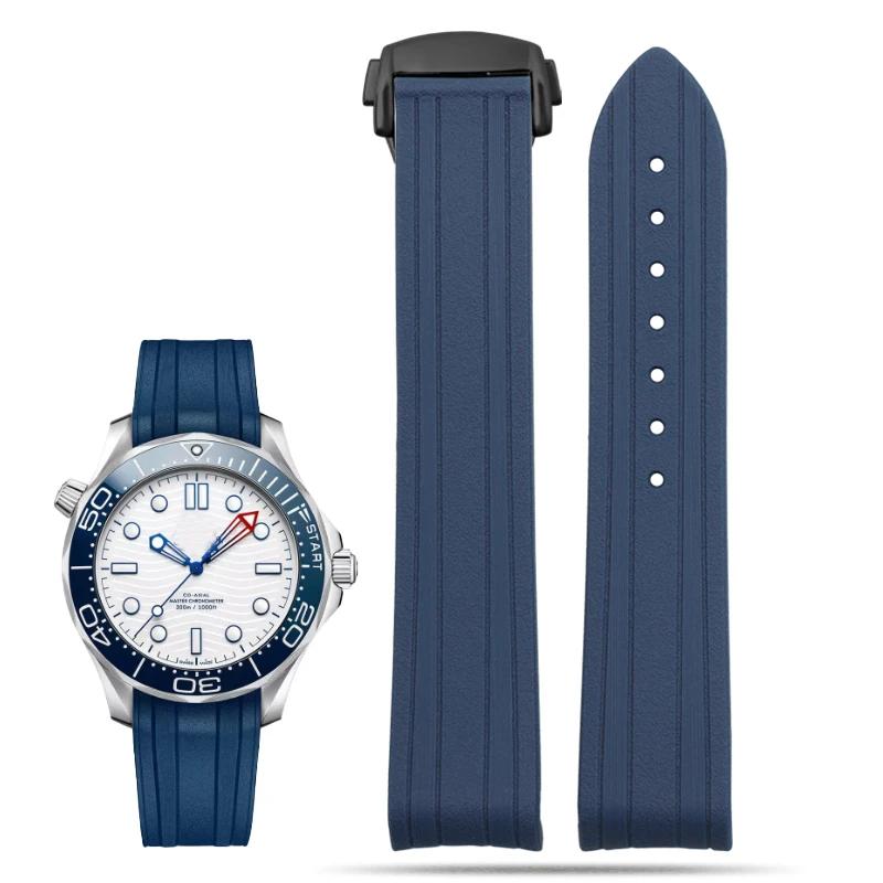 

ONEДля Omega Seamaster 300 вигнутий силіконовий гумовий ремінець для годинника дайверський браслет 20 мм чорний синій зі складаною застібкоюMN 20x18mm