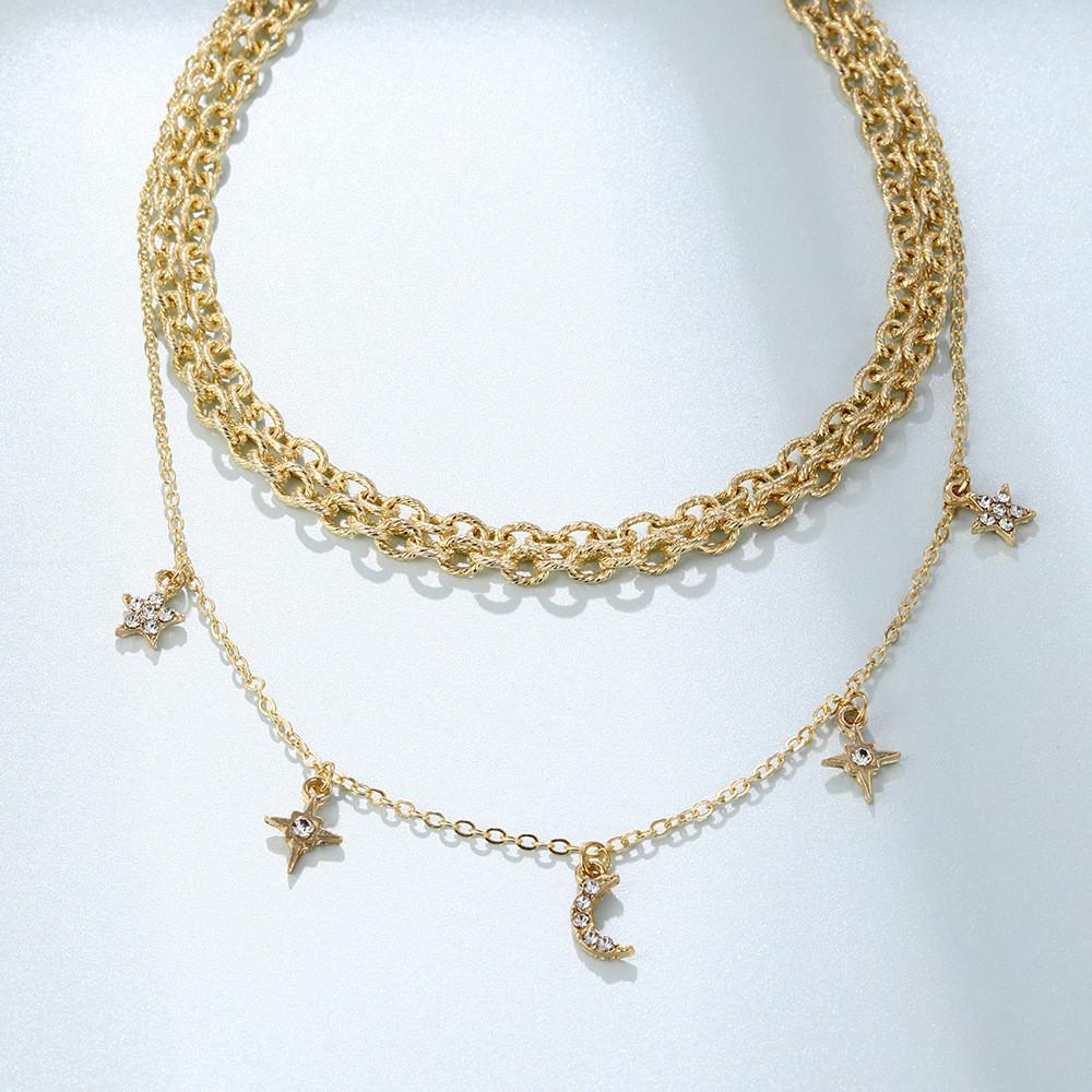 Elegant Alloy Chain Necklace With Eye-catching Moon And Star Pendant For Trendy Looks