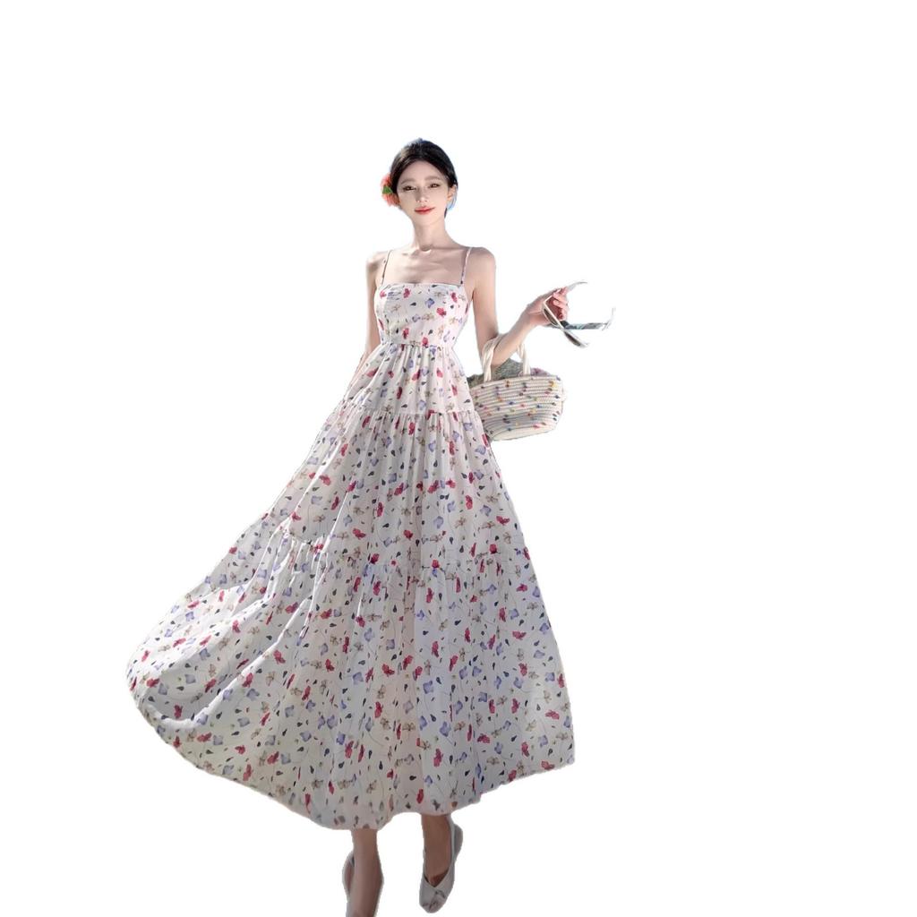 Temperament French Retro Suspender Photo Dress Waist and Thin Travel Wear Sanya Seaside Vacation Beach Dress