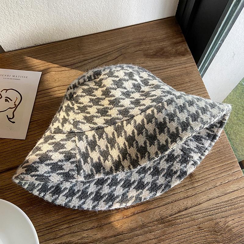 Houndstooth Autumn and Winter Fisherman Hat Trendy Showing Face Small Korean Version Versatile Japanese Corduroy Big Head Basin Hat