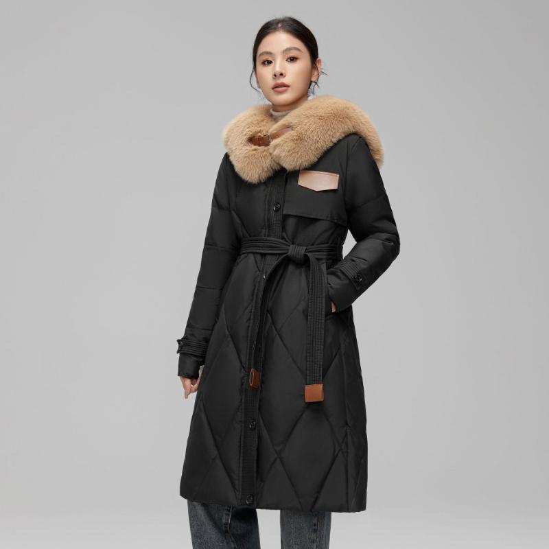 Winter Down Jacket for Women Long Style Large Fur Collar Slim Waist White Duck Down Jacket