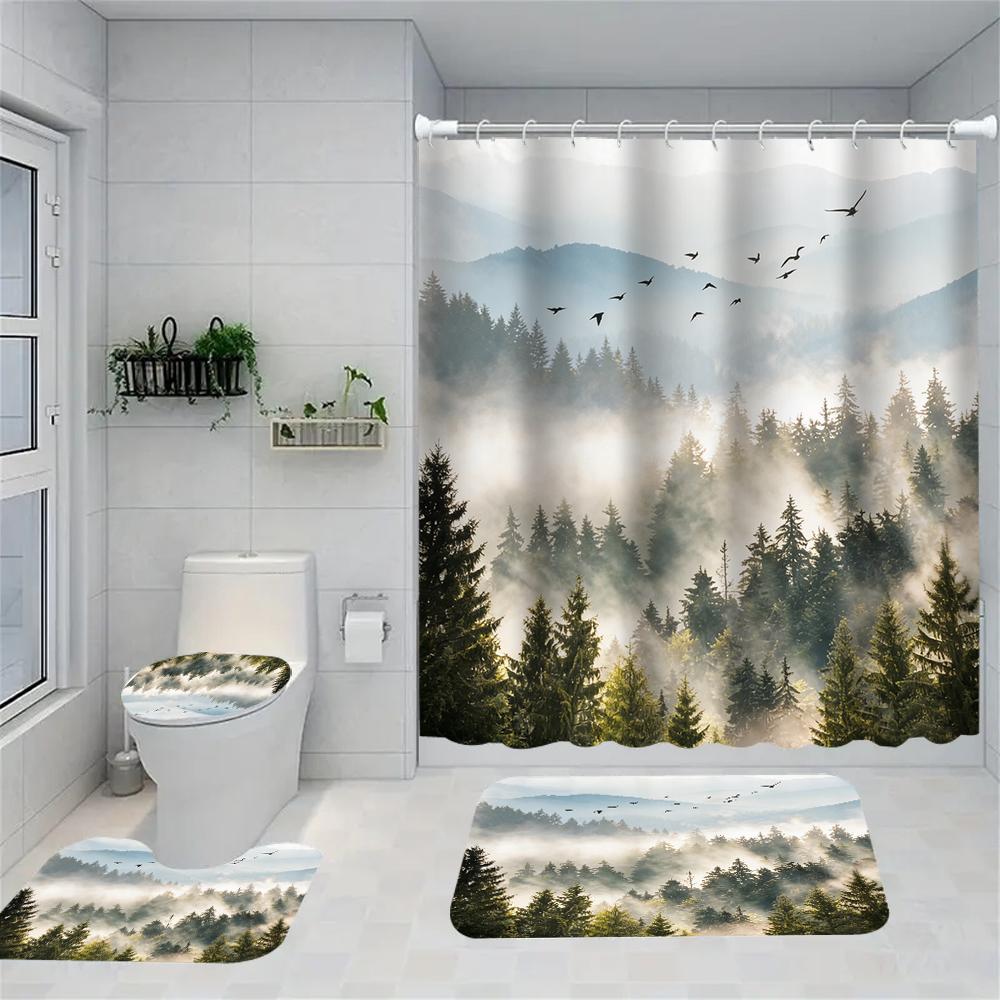 1/4 Rose Print Shower Curtains, Toilet Seat Decoration, Shower Curtain With Carpet And Toilet Lid, 70.8X70.8 Inch