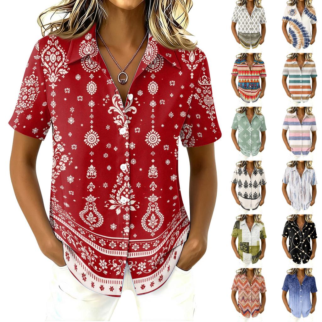 Kurzarm-Button-Down-Hemd für Damen, lässige Passform, geometrischer Druck, Reverskragen, leichtes Oberteil, Bluse