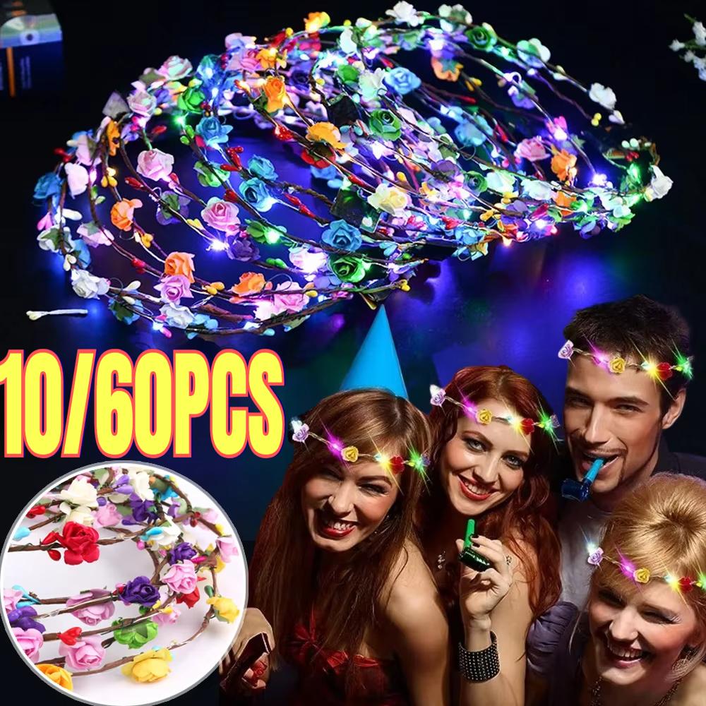 10/60Pcs Light Up Flower Headband LED Flower Hair Crown Glowing Floral Wreath Crowns Birthday Wedding Christmas Decoration 2024