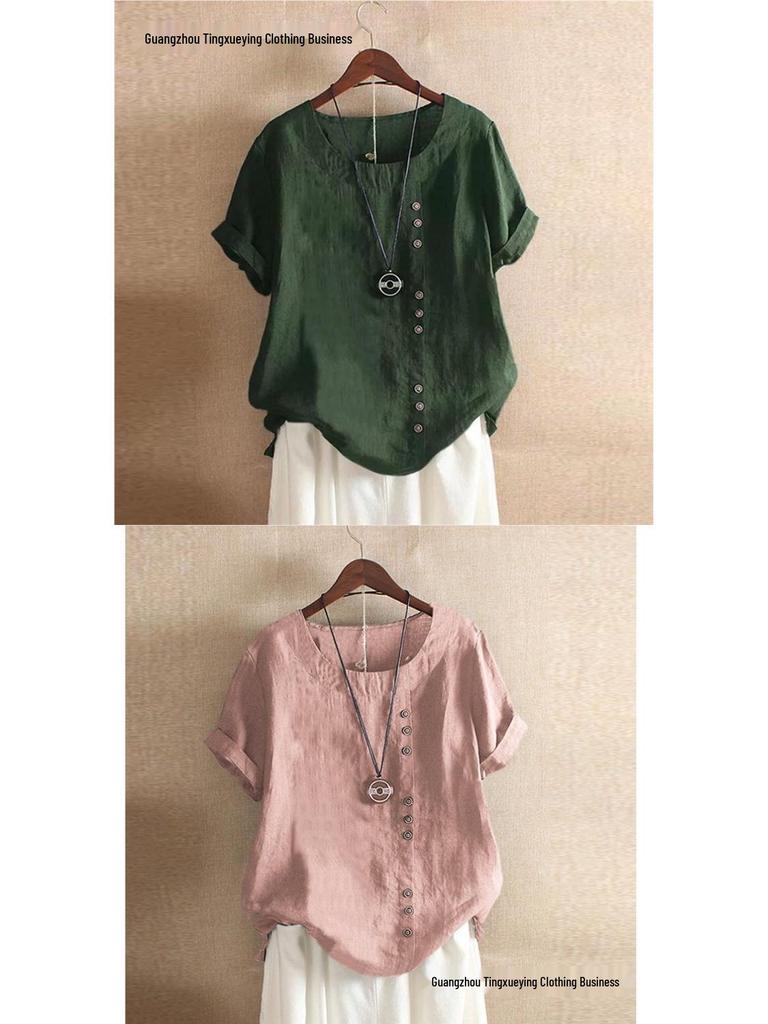 Women's Plus Size Casual Cotton Linen Button-Up Retro T-Shirt