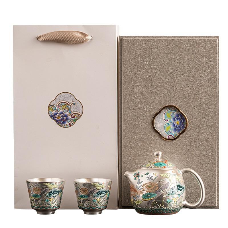 Chinese Enamel Gilt-Silver Teapot Covered Bowl Tea Cup Household Silver Plating Making Tea Kung Fu Tea Set