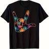 I Love You Hand Sign Floral Graphic Tee Breathable Cotton Short Sleeve Casual Unisex TShirt