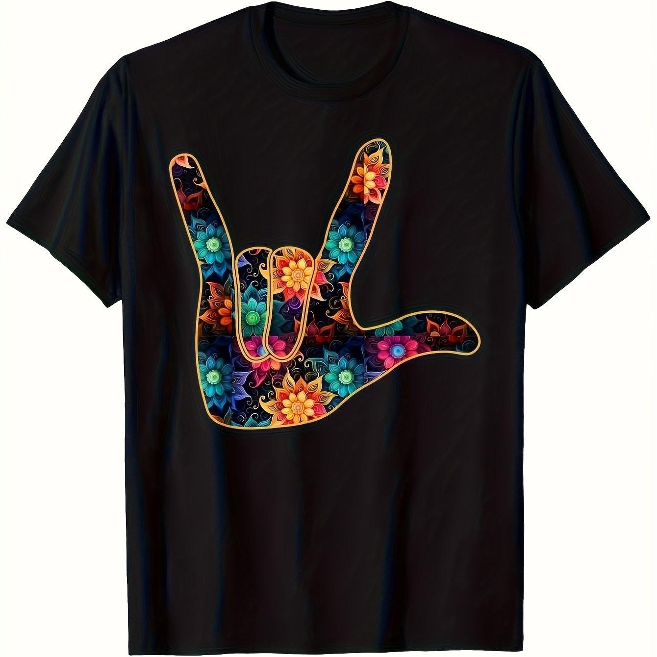 I Love You Hand Sign Floral Graphic Tee Breathable Cotton Short Sleeve Casual Unisex TShirt S