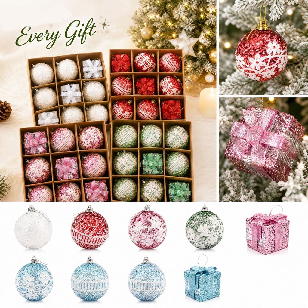 9 Pcs Christmas Gift Hanging Ball Ornament Set, Christmas Tree Decoration Balls with Box