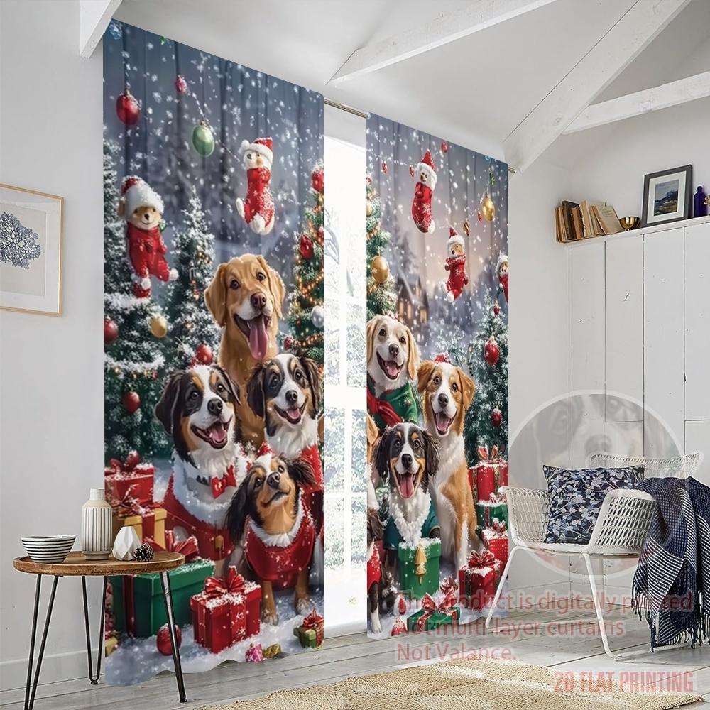 2pcs,2D Plane Printing Curtains Christmas Dogs Tree Snow (2) Polyester (without Rod) Holiday for Various Room Types