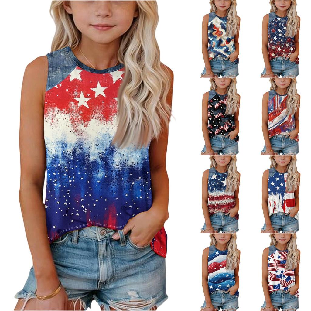 Sleeveless Loose Fit Tank Top with Abstract Swirl Print and Denim Shoulder Panels Round Neck Casual Summer Shirt for Women