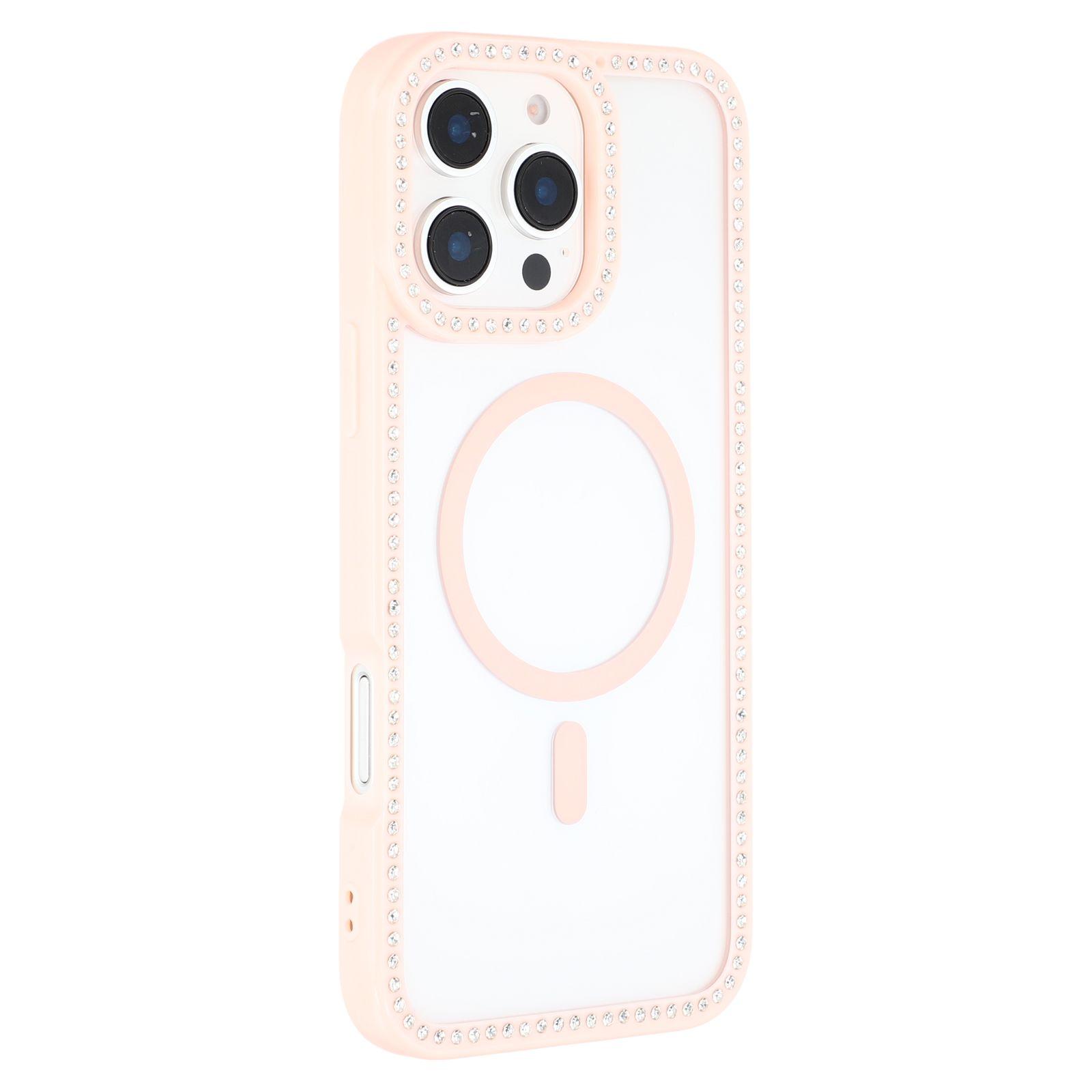 

For iPhone 16 Pro Max Case Compatible with MagSafe Sparkling Rhinestone Decor TPU+PC Clear Phone Back Cover Pink