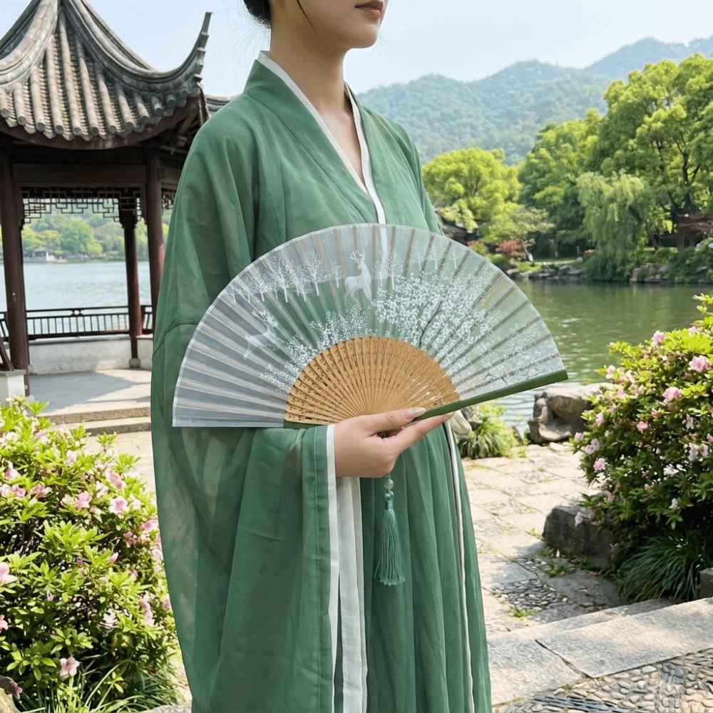 Chinese Ancient Style Portable Folding Fan Classical Wooden Handle Dancing Fan with Tassels Traditional Decorative Fan