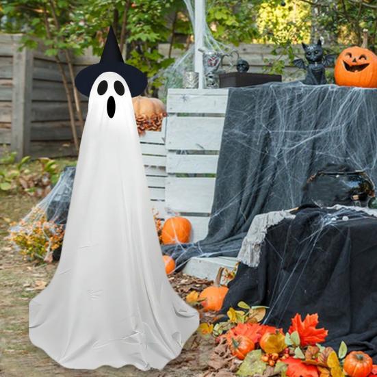 Yousheng Halloween Ghost Decoration Outdoor Standing Ghost with Witch Hat Light Up Spooky White Cloth Ghost for Porch Yard Garden Lawn Decor