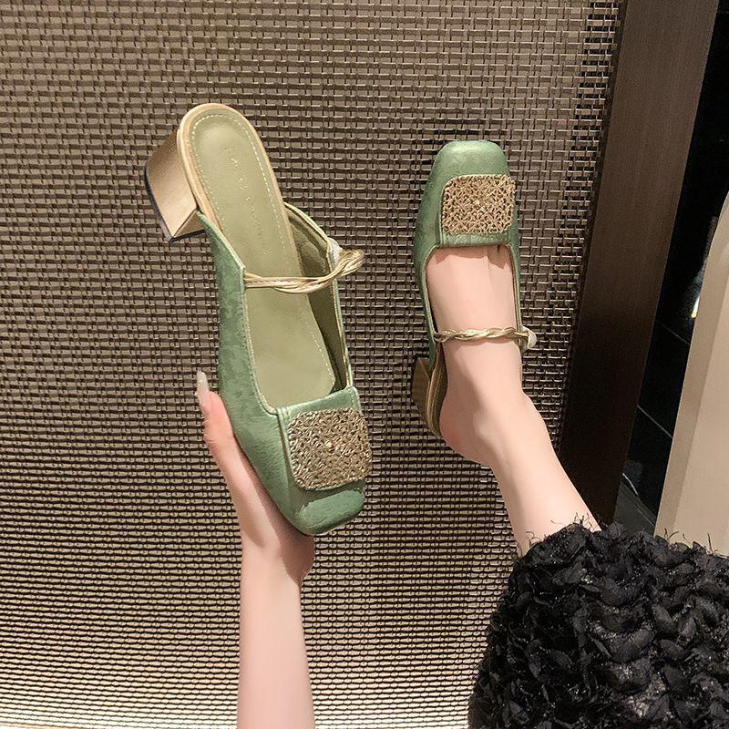 Heeled Women's Mules Slippers and Ladies Sandals Green Slides Summer Footwear Pvc on Sale Chic Elegant Low Price Stylish Shoes