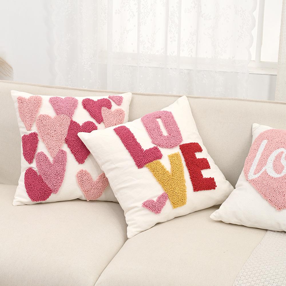 Embroidered Love Cute Sofa Pillowcase Valentine's Day Tufted Velvet Cotton Pillow Cover Letter Pink Throw Cushion Covers 45x45