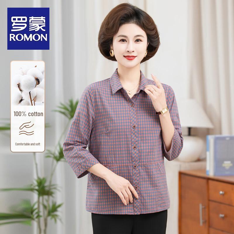 ROMON Women s Mid-length Plaid Cotton Linen Cardigan Shirt 4XL