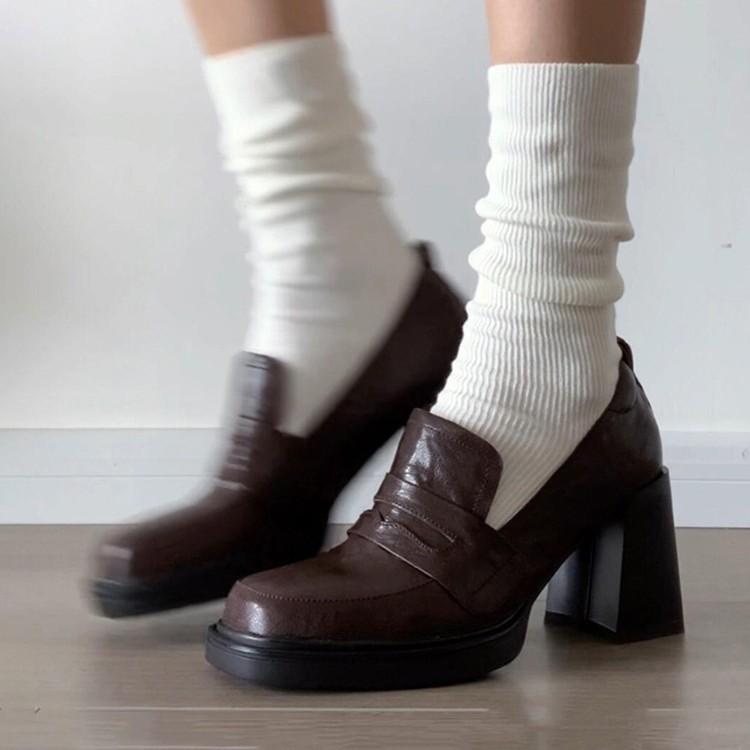 Cowhide Version~ Retro British High-heeled Small Leather Shoes Women's Thick Heel One-pedal Loafers Square Head College Style Jk Women's Shoes