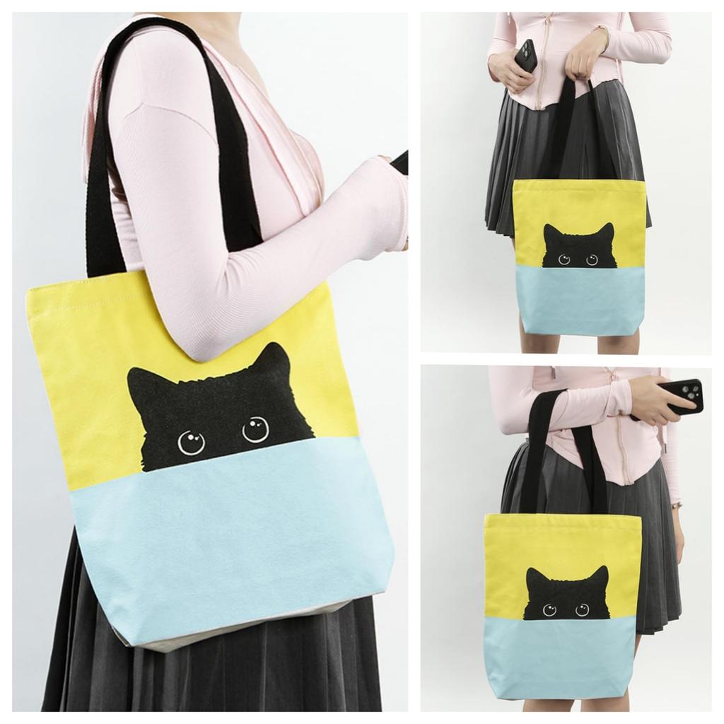 Lutesa Women's A4 Size Canvas Tote Bag, Large Capacity, Lightweight, Perfect for Commuting, School, or Casual Outings (Cat Design)