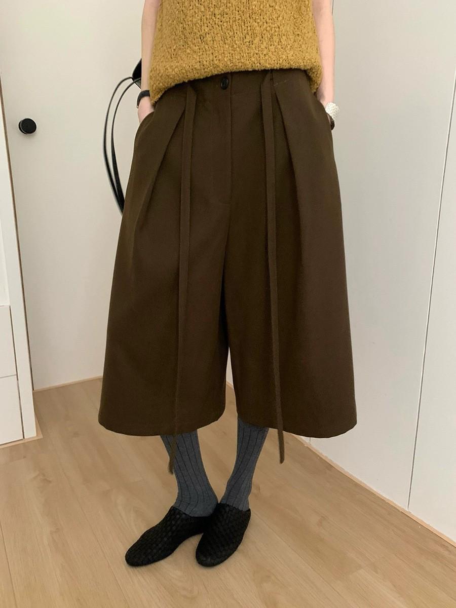 

2025 Winter Black High-Waist Wide-Leg Cropped Pants with Double-Sided Pockets and Slight Stretch XXL (130-140 jin) коричневый