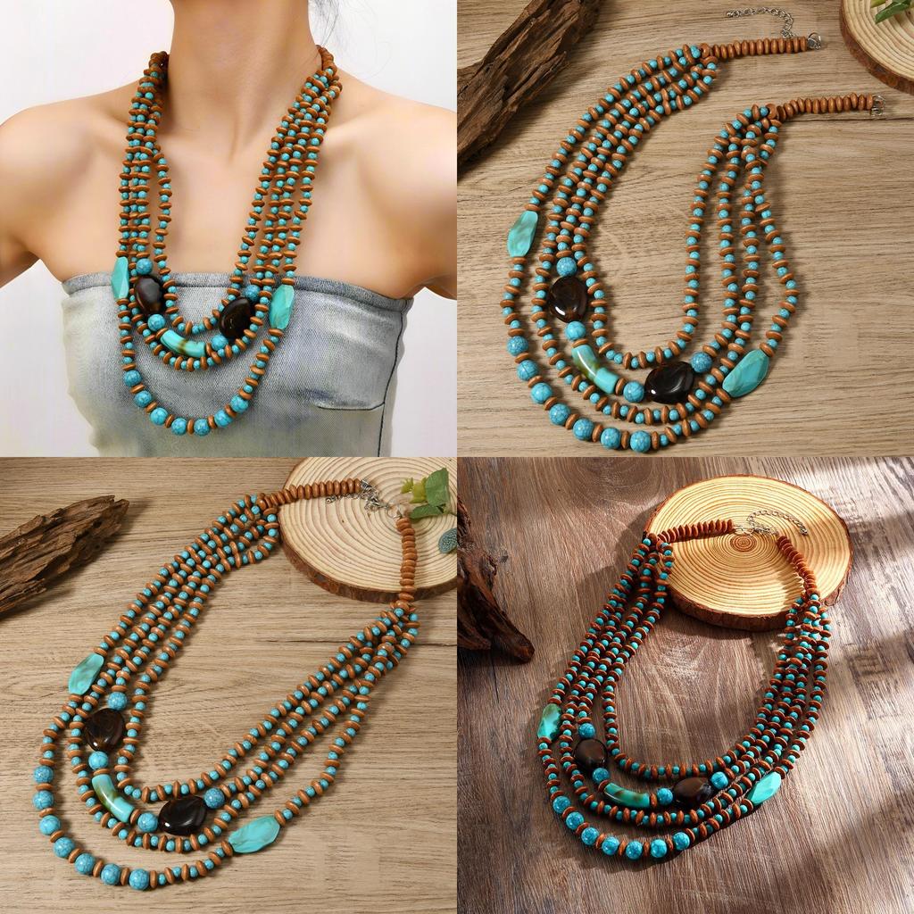Bohemian Multilayer Art Wooden Pearl Necklace Round Geometric Women Decoration