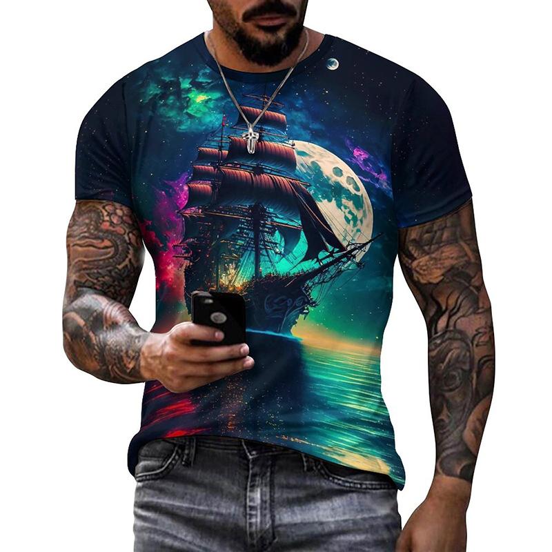 T-shirt Stampata Nave Vintage da Uomo Estate Tendenza Modello Terrore Hombre Ropa Street Hiphop T-shirt Oversize Traspirante