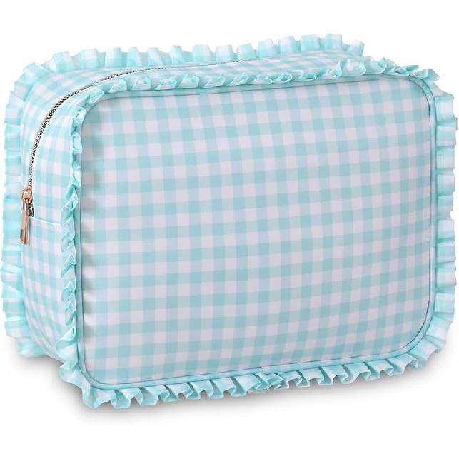 Stripe Ruffle Makeup Bag,Large Travel Cute Cosmetic Bag for Women Girls,Toiletry Bag Make Up Organizer 10.8 X 4.5 X 8 Inch (Blue Stripe)