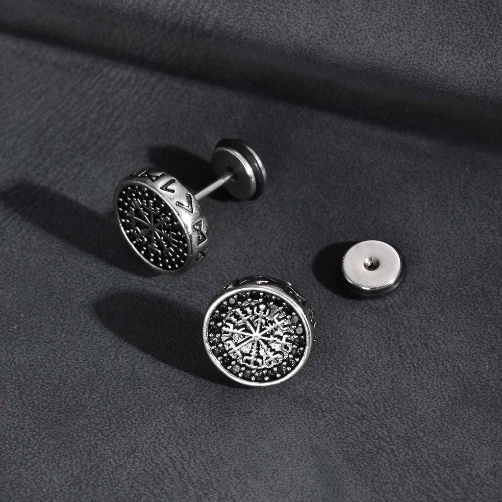 Vnox Viking Compass Zircon Stud Earrings, Copper Metal White Gold Plated Spiral Ear Post, Simple Jewelry Gift for Men Boys Him