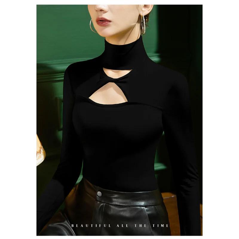 

Полый Тонкий Сексуальный Модный Весна Осень 2025 Новый Пуловер с Полувысоким Воротником Базовая Рубашка для Женщин M чёрный