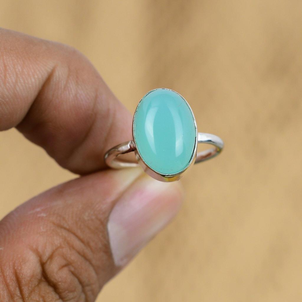 925 Sterling Silver Oval Green Chalcedony Gemstone Wedding Promise Ring Size 8