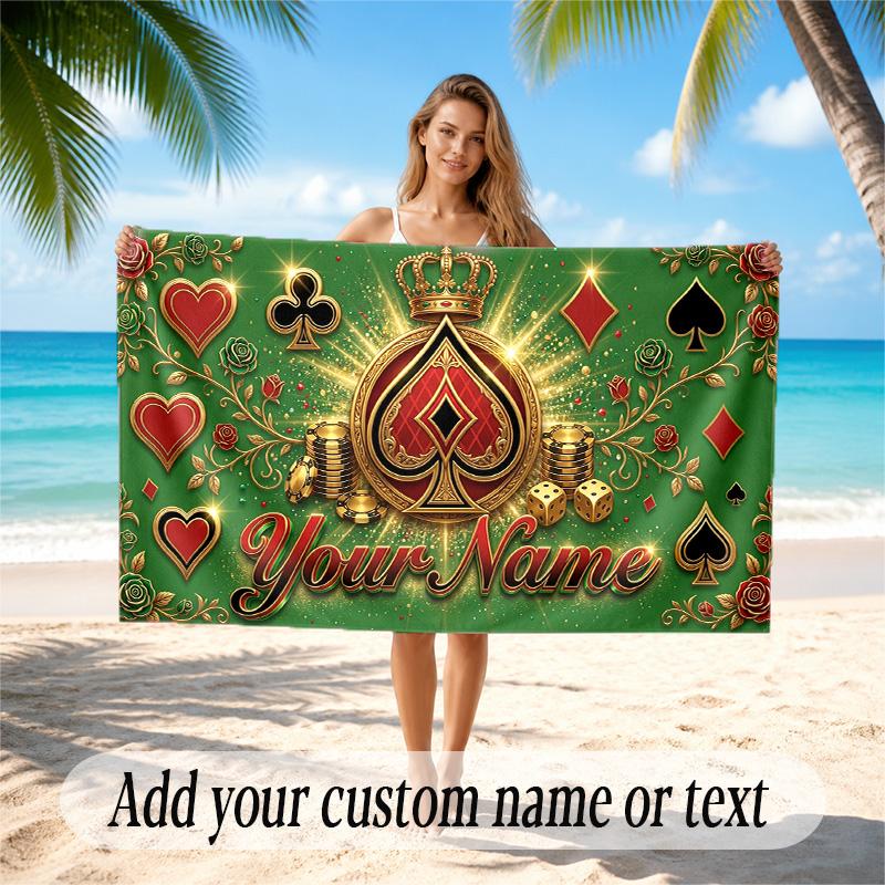 Cards Casino Theme Quick Dry Beach Towel Custom Name Text Print Large Sand Resistant Towel Beach Vacation